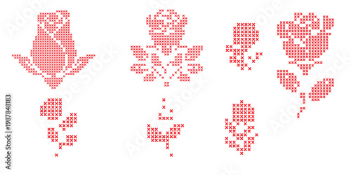 Pixelated red roses arranged in a pattern resembling a cross stitch embroidery design
