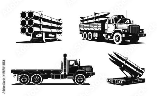 Graphic collection featuring missile launchers, trucks, and rocket storage elements in monochrome.