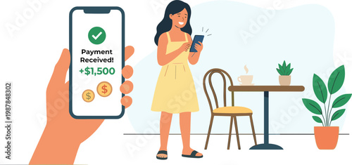 A woman receives a mobile payment notification while sitting at a table outdoors with a hand holding her phone.