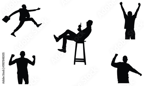 Set of male silhouettes collection in different poses showing success and dynamic movements including jumping running and sitting on stool isolated on white background for design.
