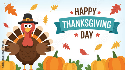 Happy Thanksgiving Day Greeting Card with Turkey and Pumpkins Illustration