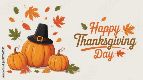 Happy Thanksgiving Day Greeting with Pumpkins, Autumn Leaves and Pilgrim Hat Illustration