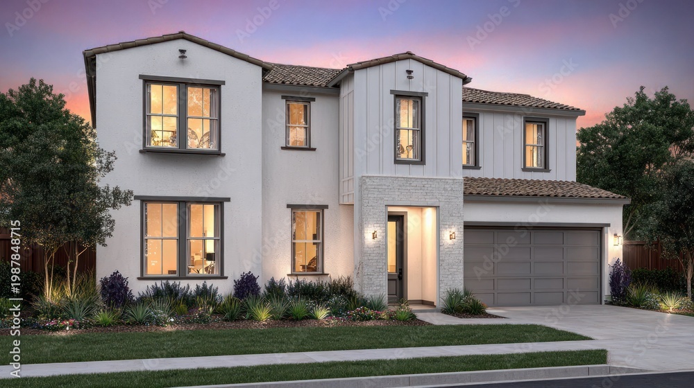 Obraz premium Stately modern suburban residence glows warmly under twilight skies