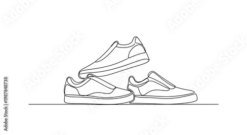 Stack of three casual slip-on sneakers, minimalist line art illustration