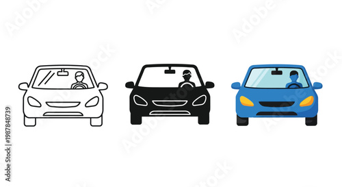 Minimalist vector graphic set showing a sedan car with a driver depicted in three distinct styles including outline silhouette and flat color design for illustration