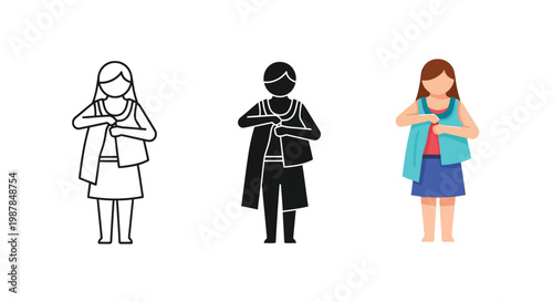 Professional vector illustration of a young girl dressing herself by putting on a stylish jacket in three different styles including outline silhouette and flat color