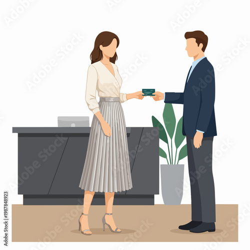 Flat Illustration Business Card Exchange Between Two Business People
