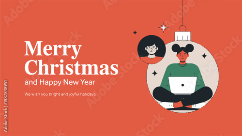 Merry Christmas and Happy New Year Greeting with an Isometric Illustration of People Celebrating Remotely