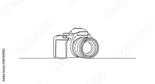 Minimalist Single Line Drawing of a Professional DSLR Camera on a White Background