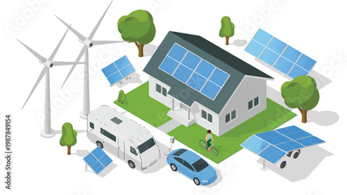 Renewable energy powering a sustainable home and lifestyle, including electric vehicles and wind turbines