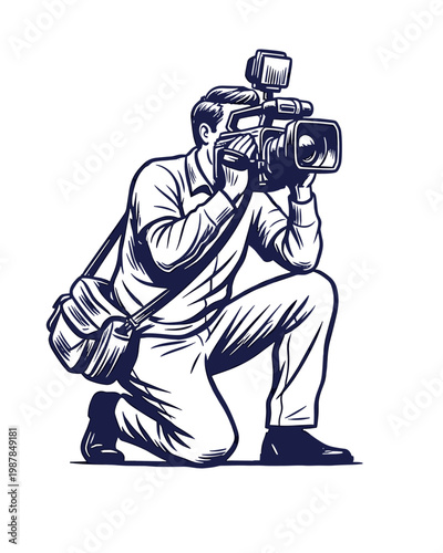 Professional Videographer Kneeling with Camcorder Line Art Illustration