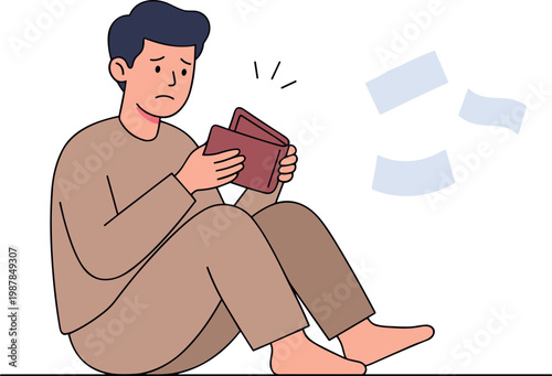 A man sits on the floor looking worried while holding a wallet with money flying out.