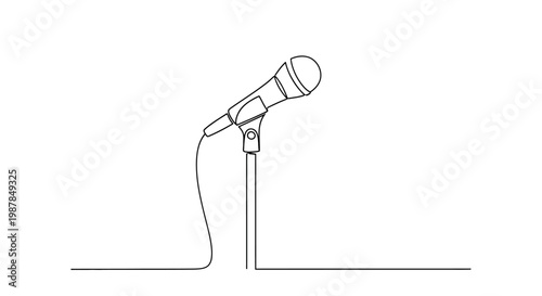 Minimalist Microphone on Stand, Single Line Art, Broadcast, Performance, Music
