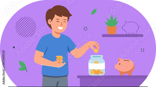 A man puts coins into a jar and a piggy bank on a table.