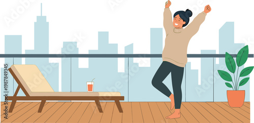 Person dancing on balcony with city view and potted plant nearby