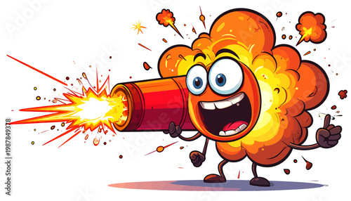Energetic cartoon blast character unleashing a dynamic fiery eruption from a festive cannon