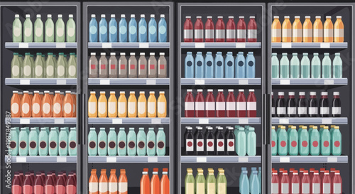 Vector illustration of commercial refrigerator display cases with glass doors, showing shelves stocked with organized rows of multi-colored bottled beverages, juices, and sodas.