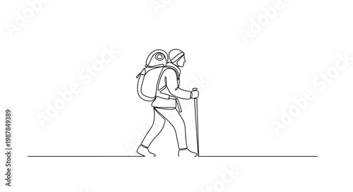 Minimalist Line Art: Hiker with Backpack and Trekking Pole Walking on Horizon