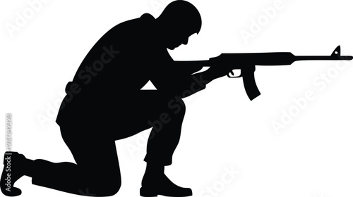 Soldier silhouette kneeling with rifle vector illustration for military operations and army combat.