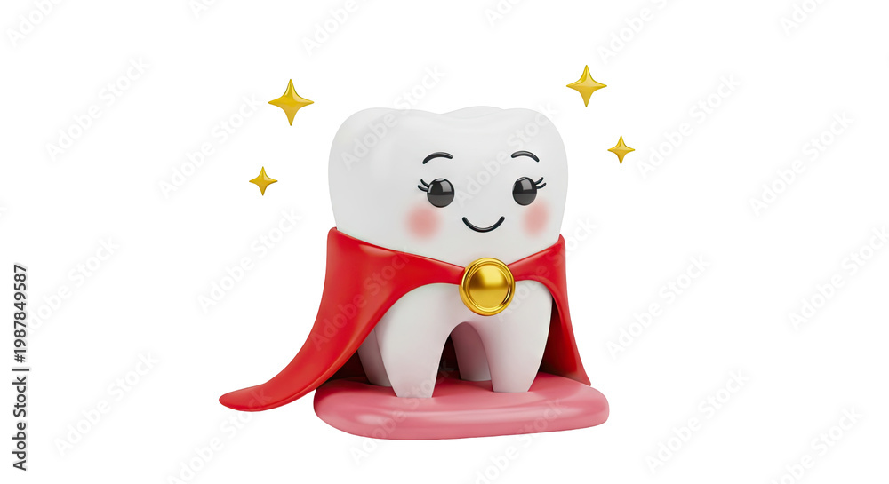 Fototapeta premium Super Tooth Character with Red Cape and Gold Emblem