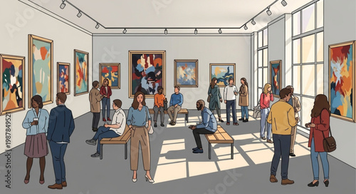 Art Gallery Visitors Admiring Paintings on Walls.