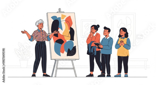 Art instructor teaching students about abstract painting on easel.