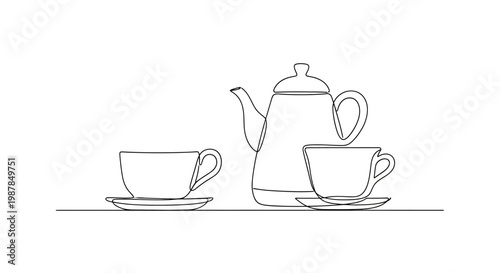 Minimalist Line Art: Teapot and Two Cups on Saucers, Simple Elegant Design
