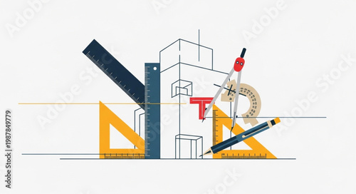 Architectural Design Tools and Building Blueprint Illustration.