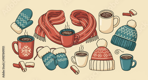 Flat vector illustration of cozy winter items featuring mugs of hot chocolate, knitted beanies with pom-poms, a red striped scarf, patterned mittens, and treats on tan background.