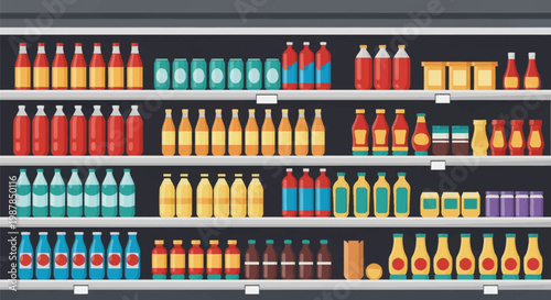 Flat vector illustration of organized supermarket shelving stocked with rows of colorful beverage bottles, soda cans, water, condiments, and jars in a grocery store aisle display.
