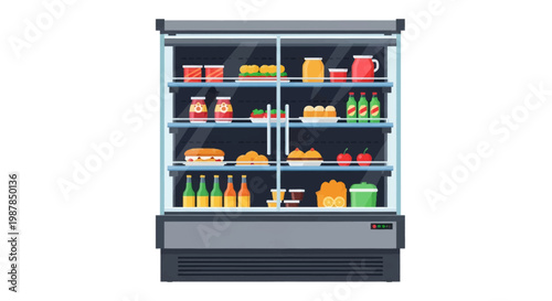 Vector illustration of a commercial double-door display refrigerator stocked with various groceries including bottled drinks, glass jars, snacks, and fresh produce on multiple shelves.