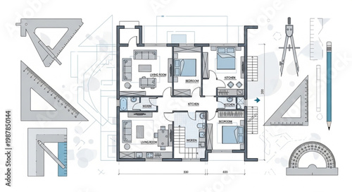 Architectural Floor Plan Blueprint with Drafting Tools.