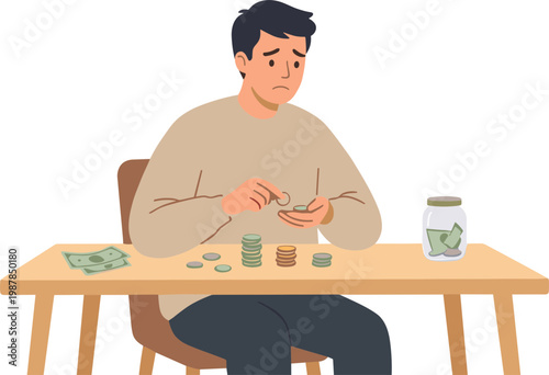 A man sits at a table counting coins and bills indoors.