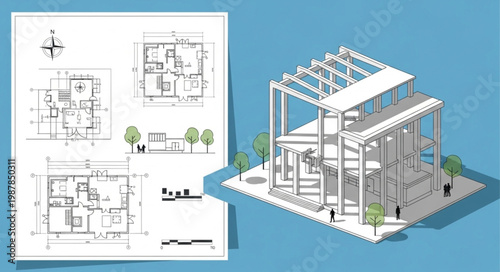 Architectural model and blueprint.