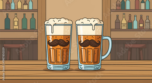 Two glasses of beer with foamy heads and mustache designs sitting on a wooden bar counter in a pub setting with shelves of liquor bottles in the background illustration.