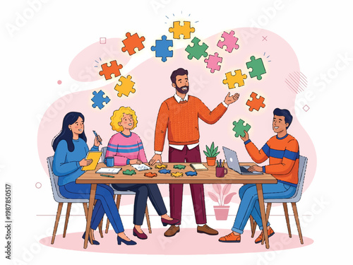 Four people sitting around a table with puzzle pieces floating in the air teamwork collaboration problem solving