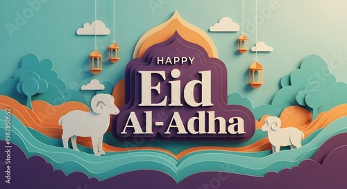 Eid Al-Adha celebration with decorative sheep and lanterns
