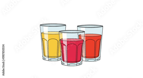 Vector illustration of three glass tumblers filled with colorful fruit juices including orange, magenta berry, and red strawberry, isolated on white background with black outlines