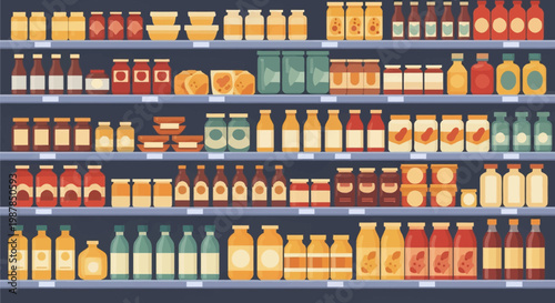 Flat vector illustration showing organized grocery store shelves stocked with rows of various food products, glass jars, bottles, and packaged items in a retail supermarket display.