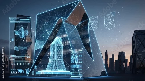 Futuristic Cityscape with Digital Interface Elements.