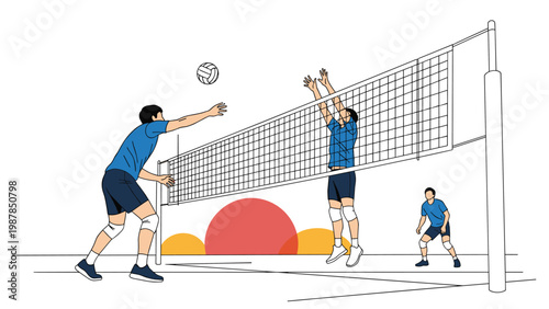 Sports illustration showing male athletes playing a competitive volleyball game over a net with a stylized sun background.