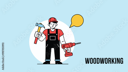 Woodworking profession illustration with a carpenter wearing overalls and a cap holding a hammer and an electric drill in a workshop.