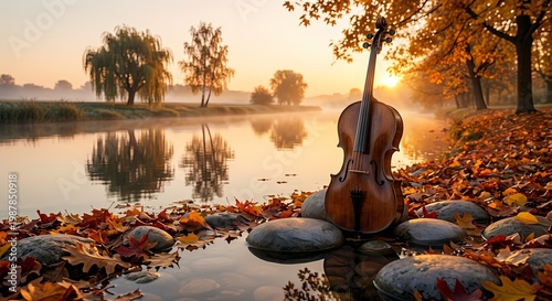 A serene autumn scene by a tranquil river featuring a violin resting on smooth stones.