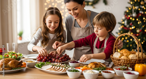 Woman and kids preparing holiday meal.