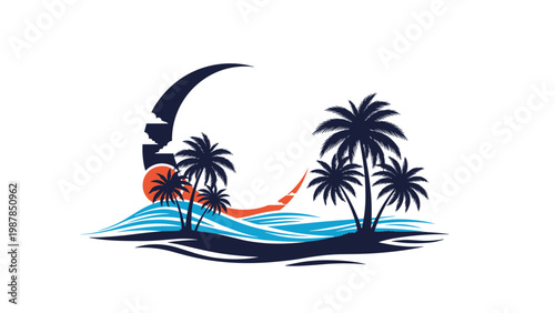 Tropical island logo design with silhouettes of palm trees on a beach under a crescent moon with stylized ocean waves and a sun.