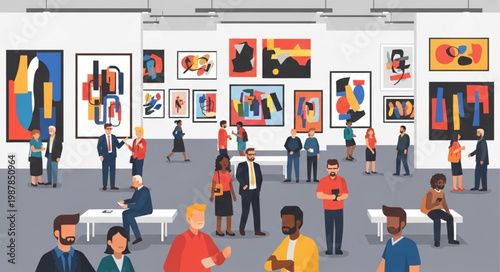Art Gallery Exhibition Displaying Modern Paintings and Visitors.
