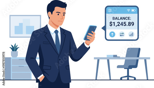 Businessman in office checking phone with balance on screen