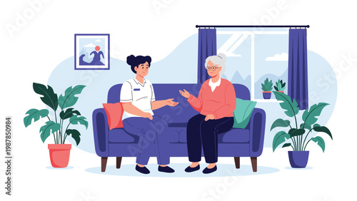 Home healthcare and elder care illustration showing a professional caregiver talking with an elderly woman sitting on a living room sofa.