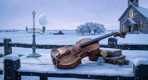 A wooden violin rests on a snow covered bench accompanied by an antique lamp and stacked books suggesting a rustic setting.