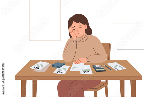 Woman sitting at a desk with papers and a calculator looks stressed